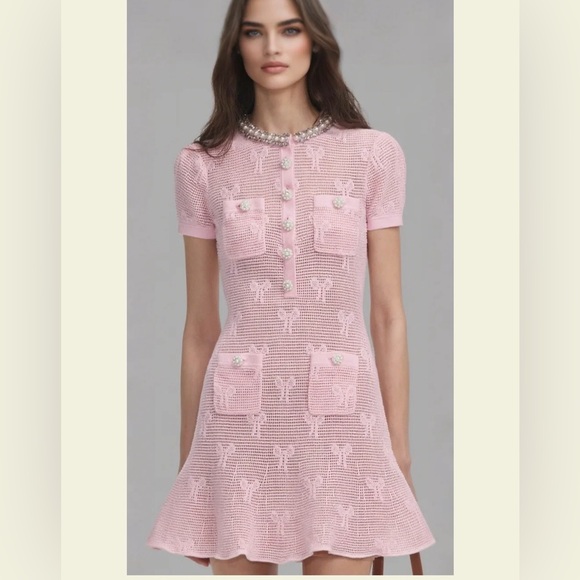 Self-Portrait Dresses & Skirts - Self-Portrait Pink Short-Sleeve Knit Pocket Dress with Pearl Buttons